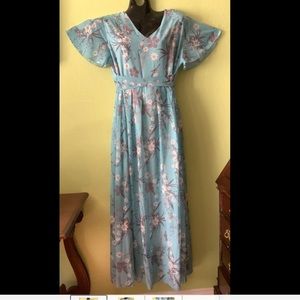 Blue Maxi Dress Floral Print Short Flutter Sleeves VNeck Empire Waist pleated